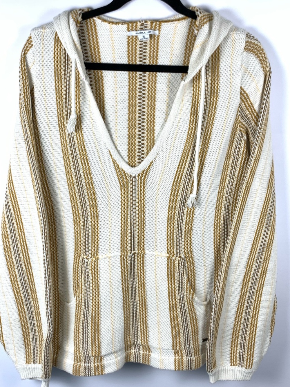 O’Neill Baja Hoodie Sweater XL Striped Knit Coastal Surf V Neck